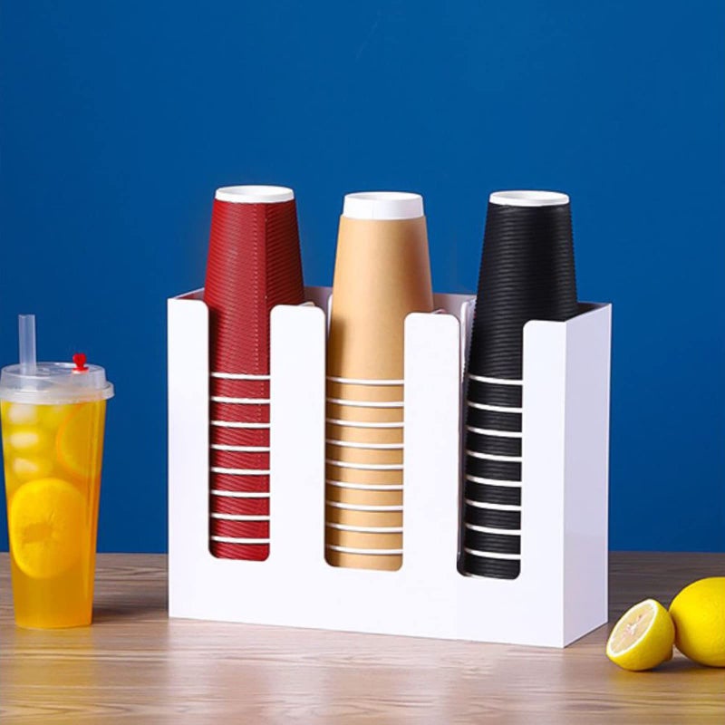 Tirifer Disposable Paper Cup Dispenser, Acrylic Coffee Cup and Lid Storage Organizer Holder, Coffee Milk Tea Shop Restaurant Accessories Christmas Party Supplies, 3 Compartments, White - Image 2